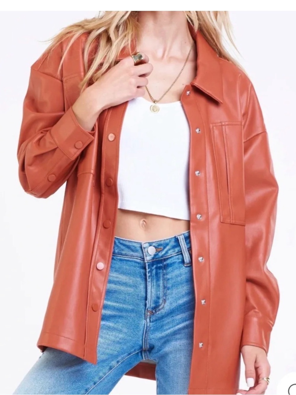 Dear John Faux Leather Oversized Shacket Jacket Small NWT Rust Orange